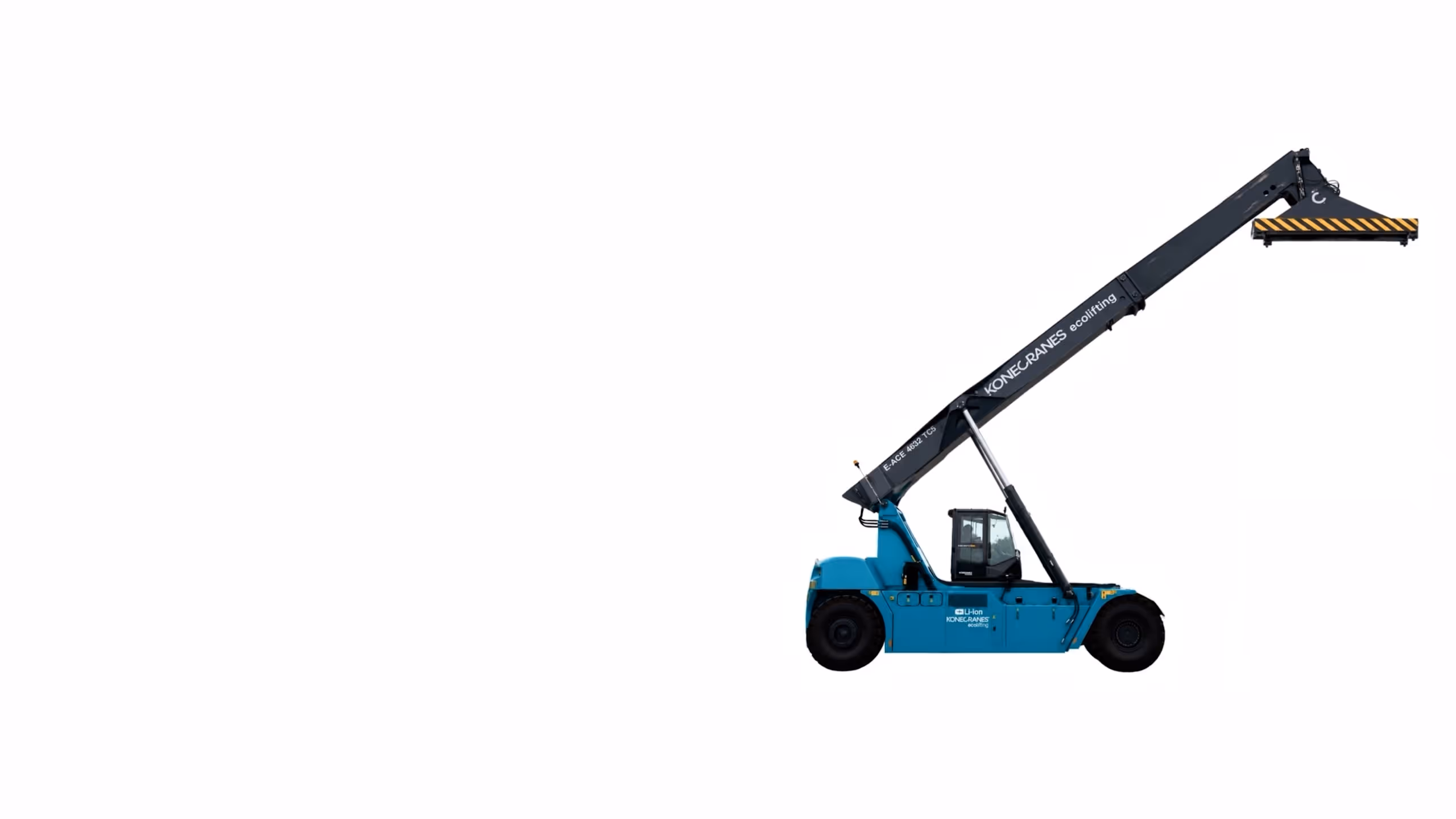 Blue Konecranes reach stacker vehicle with extended black boom on white background.