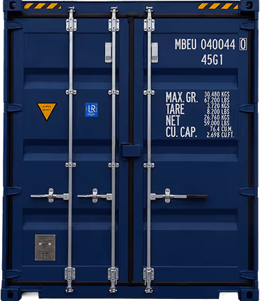 Blue shipping container doors with metal locks and white weight and capacity markings.