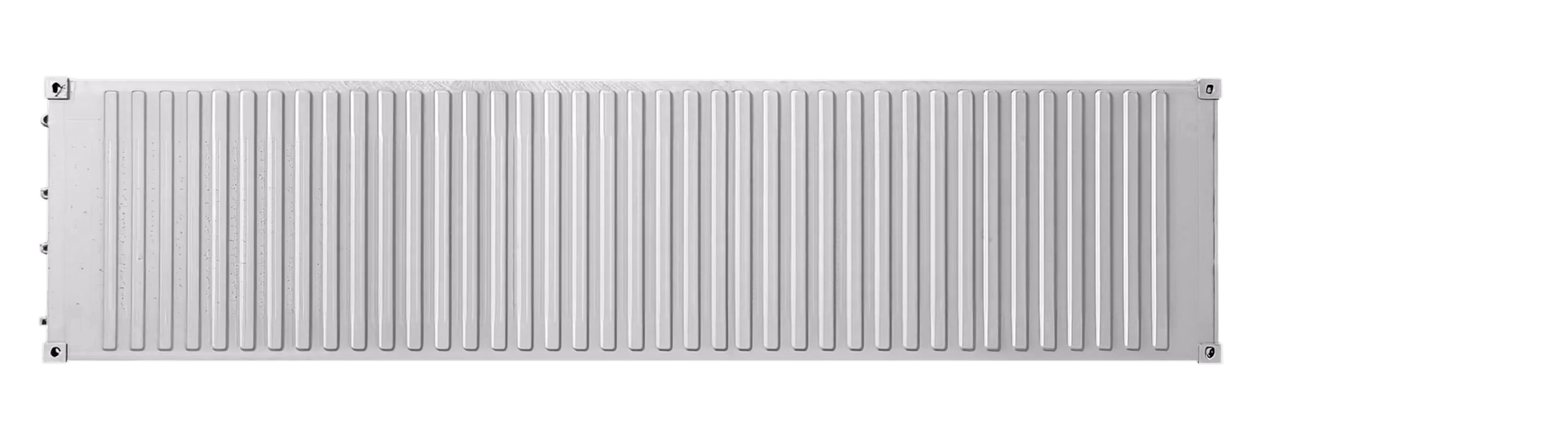 Top view of a long, empty gray shipping container showing corrugated metal roof and corner fittings.