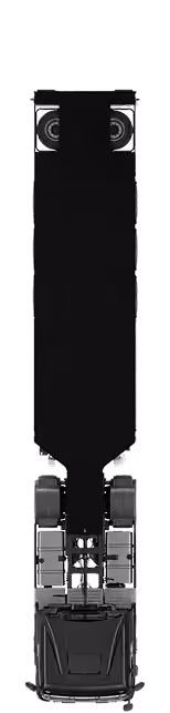 Top view of a black semi-truck and trailer showing the cab and wheels in detail.